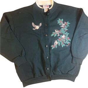 Vintage Morning Sun Sweatshirt Large Bird Lover Green Button Cardigan Vintage
